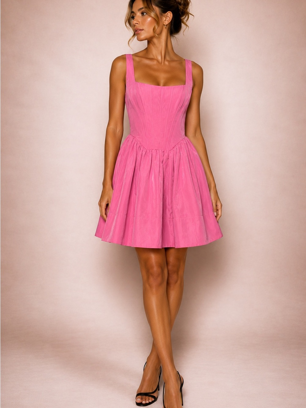 STAUD Pink Square-Neck Mini Fit-and-Flare Dress